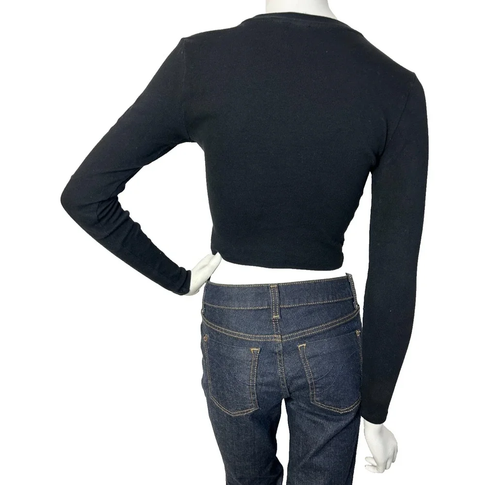 TNA Aritzia Black Cropped Long Sleeve Ribbed Knit T-Shirt S Minimalist Basic EUC